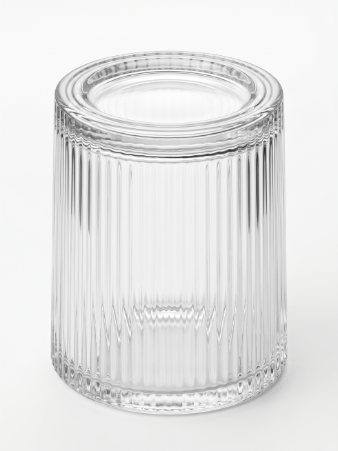 产品精修，将产品置于纯净的纯白背景上，正视图，平视视角，3D渲染效果，精准还原玻璃产品的通透材质，清除所有指纹、灰尘与瑕疵，让产品看起来崭新，瓶身光影立体感强，提升整体质感和高级感，瓶身结构清晰锐利，预览效果