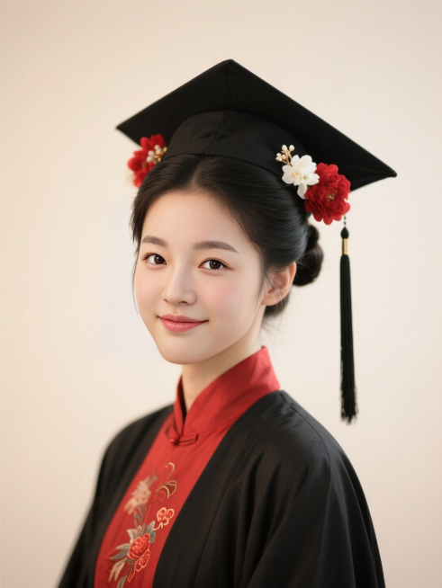 正面照，黑色古风低垂发髻，穿戴黑色学士服学士帽，内衬是红色古风汉服，学士帽两边都簪了红色和白色的花，半身照，背景浅色质感，暖光预览效果