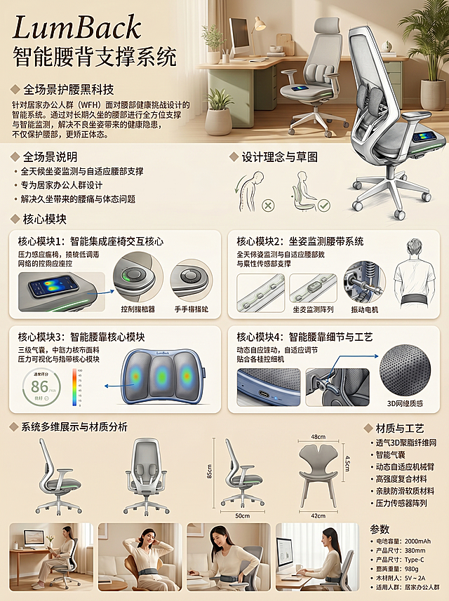 参考最后一张图片的排版模板，制作一个针对居家办公人群的腰部支撑与坐姿矫正座椅产品展示展板，排版完善，颜色搭配柔和，贴近生活。产品标题为"LumBack 智能腰背支撑系统"，需要将前面四张提供的产品建模图全部融入展板，分别展示核心模块：智能集成座椅、坐姿监测腰带、智能腰靠核心模块、智能腰靠细节，移除模板中原有的银杏椅子，保持原模板排版结构，整体展板有吸引力，针对居家办公人群，突出保护腰部和矫正坐姿的卖点