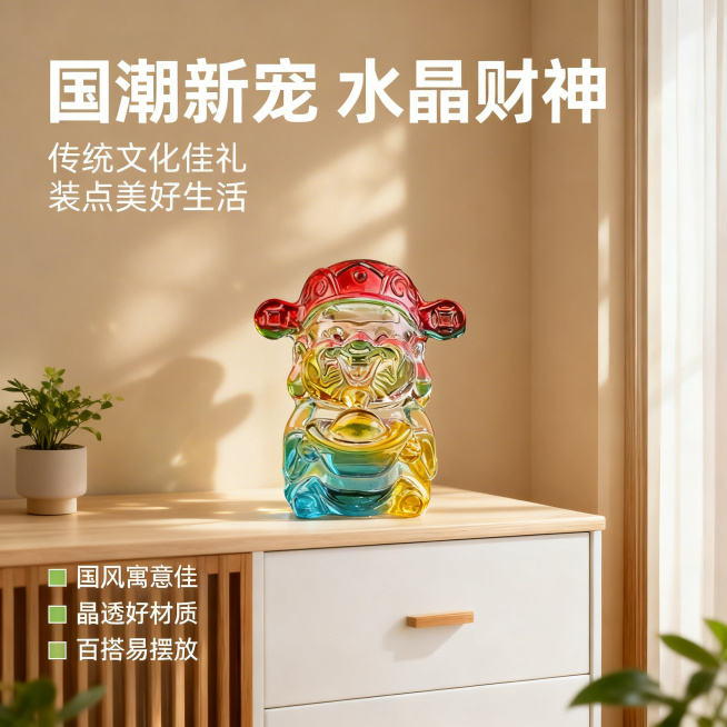 彩色大财神水晶摆件首图，舒适简约家居治愈风格，温馨暖调自然光，午后慵懒光斑，彩色大财神水晶摆件居中放置在浅米白色原木玄关柜上，背景是奶咖色墙面搭配同色系软装，左侧有小型绿植点缀，柔和光斑洒在摆件上，凸预览效果