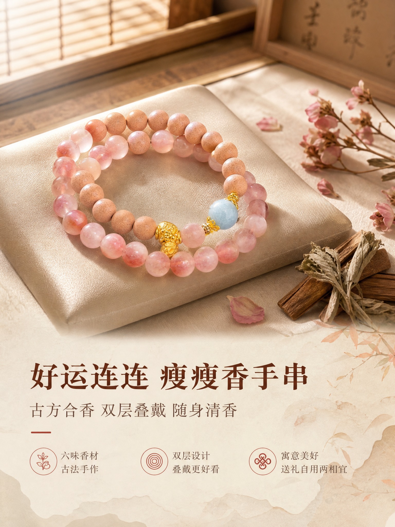 [详情页-1] 瘦瘦香 好运连连双层手串，氛围头图，国风场景陈… - 图片创意预览