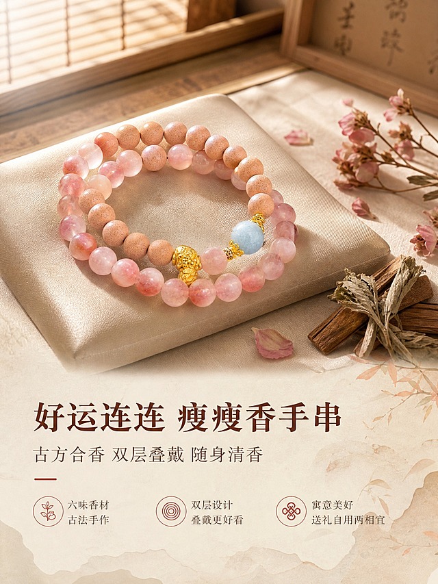 [详情页-1] 瘦瘦香 好运连连双层手串，氛围头图，国风场景陈列。
[商品] 使用【图1】瘦瘦香好运连连双层手串；保留双层结构（粉橘合香珠层+粉透草莓晶层）、海蓝宝隔珠、金色貔貅配饰、珠体大小比例与颜色；商品处理：去除吊牌，清理珠体灰尘与指纹，增强合香珠磨砂肌理与草莓晶通透质感，金色配饰精修提亮，不改变结构与颜色。
[画面] 页面目标：建立第一印象，传递国风温润与好运寓意。构图骨架：上半部分场景大图，下半部分留白文案。主体手串自然盘绕在浅杏色真丝软垫上，位于画面中上偏左，占画面50%；右侧散落干桃花、艾叶小枝与檀香木块，背景为暖米色中式书房一角，隐约可见竹帘光影与木质案几纹理；视角45度俯拍，景别中景。
[视觉] 套系策略：风格=小红书国风氛围感商业摄影；标题字=文艺宋体粗体；正文字=细宋体；主色=浅米杏+豆沙粉；背景延展=基于浅米杏做深浅层级、宣纸纹理与淡墨晕染；强调色=赭石红，仅用于小面积图标、引线和标签；标题色=深赭石；正文色=暖棕灰；组件=圆角浅底信息卡、细线引线、干花装饰；光影=左前侧暖柔光，右侧弱补光，整体柔和通透。
[文字] 画面下方留白区放主标题「好运连连 瘦瘦香手串」，副标题「古方合香 双层叠戴 随身清香」，再配3个短卖点：「六味香材 古法手作」「双层设计 叠戴更好看」「寓意美好 送礼自用两相宜」。文字全部横排，主标题最大，副标题次之，卖点最小，左对齐排列。
[规格] 图片比例3:4竖版，2K，避免变形、错字、文字过小、冷蓝背景、手串结构错乱、塑料感高光、水印、平台Logo。