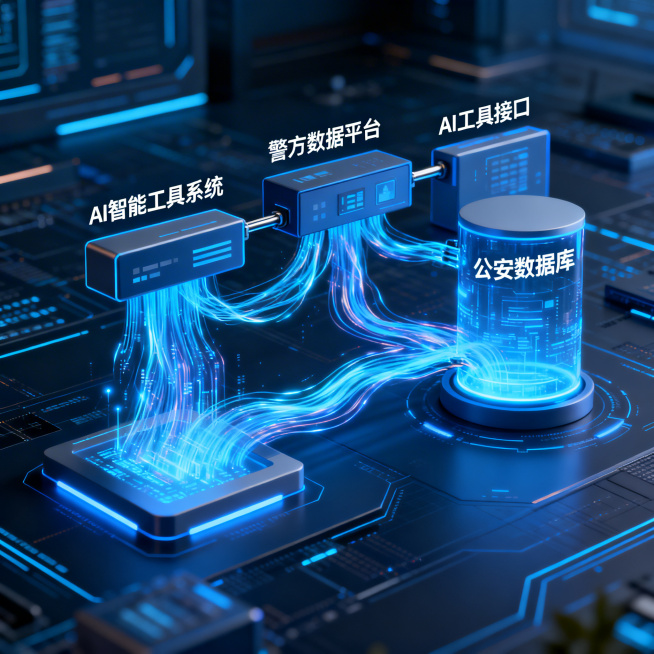 AI智能工具系统与警方数据平台对接示意图，科技感数据交互界面，显示数据流在AI工具接口与公安数据库之间传输连接的画面预览效果