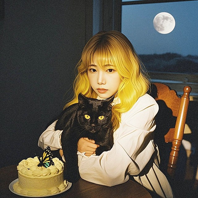 一个女生抱着黑猫，白色衬衫，黄色短发，蛋糕，月亮，蝴蝶，房间角落