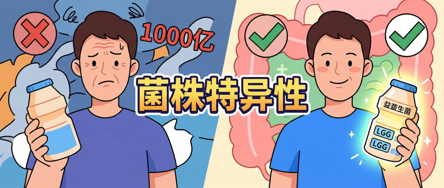 公众号封面图，扁平化矢量插画风格，左右对比构图。左侧是一个表情困惑的人拿着一瓶没有菌株号的益生菌，背景混乱，有一个红色的叉号和“1000亿”的无效数字。右侧是一个表情满意的人拿着一瓶带有清晰菌株标签（预览效果