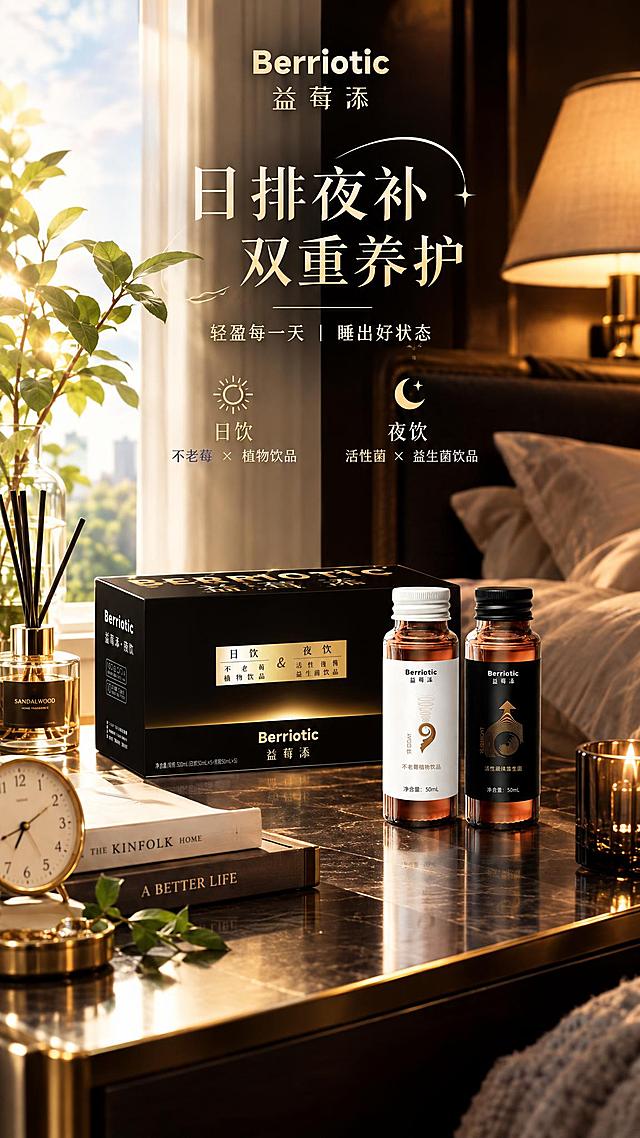 基于图中的益莓添日夜饮产品（黑色礼盒+日饮白瓶+夜饮黑瓶），生成一张高端轻奢的日夜养护场景化海报。保持产品外包装完全不变，产品清晰突出。场景为精致的卧室床头柜场景，左侧是清晨阳光洒下的日饮氛围，右侧是夜晚温馨灯光下的夜饮氛围，通过光影和场景元素体现日排夜补的产品概念。桌上摆放着产品，周围有香薰、书籍、绿植、闹钟等生活元素，营造高品质生活方式的氛围。整体色调黑金高级感，场景感强，真实有代入感。文字精简，排版精致有设计感。竖版构图，高清商业摄影质感，高级轻奢。