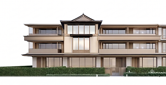 统一建筑整体色调，保证画面质感清晰，去除画面中间和左下角多余绿植，整理形成干净的建筑外立面效果