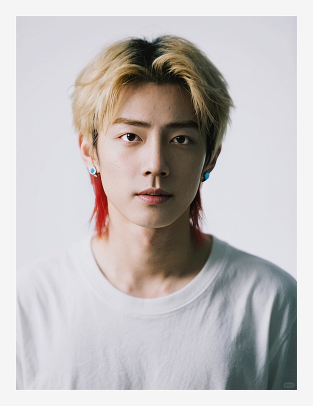 一个男生，狼尾短发，上半部分金色+下半部分嫣红色；金色眉毛；戴浅蓝色耳钉，穿白色T恤