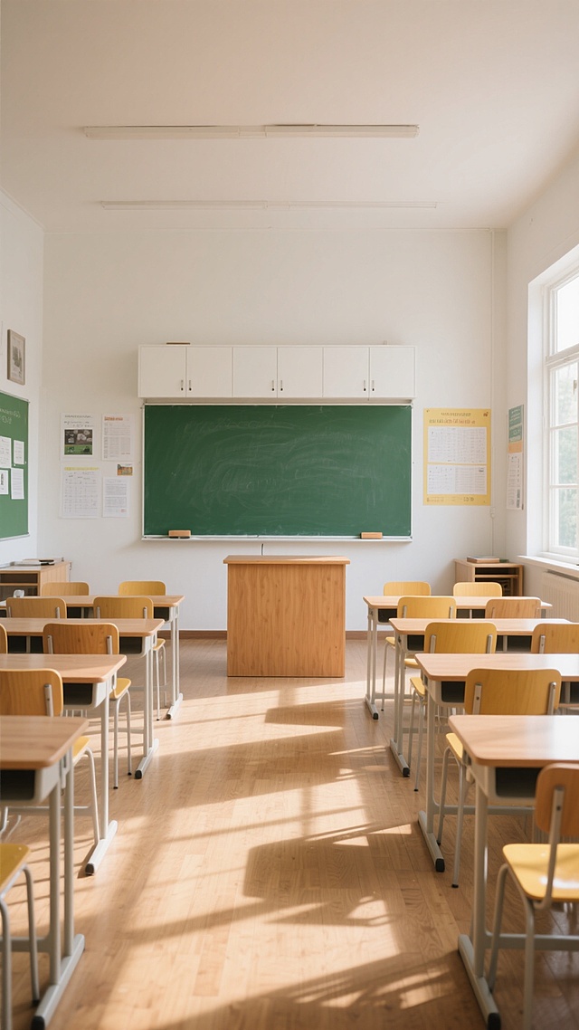 一间明亮整洁的教室内部，采用写实摄影风格，温暖柔和的自然光从窗户斜射入，在地板上投下清晰的窗格光影，整体色调以原木色课桌椅、绿色黑板和白色墙壁为主，营造出宁静有序的氛围。画面中央是绿色黑板，黑板上方有白色储物柜，黑板前是木质讲台，讲台两侧及后方的课桌椅变换为新的布置方式（如环形、小组式或其他创意排列），但保留相同的木质课桌和黄色座椅，墙壁上贴有教学海报和纸张，光线效果、色彩和谐度及空间感与原图保持一致，呈现出经过重新规划布局后的整洁课堂环境。