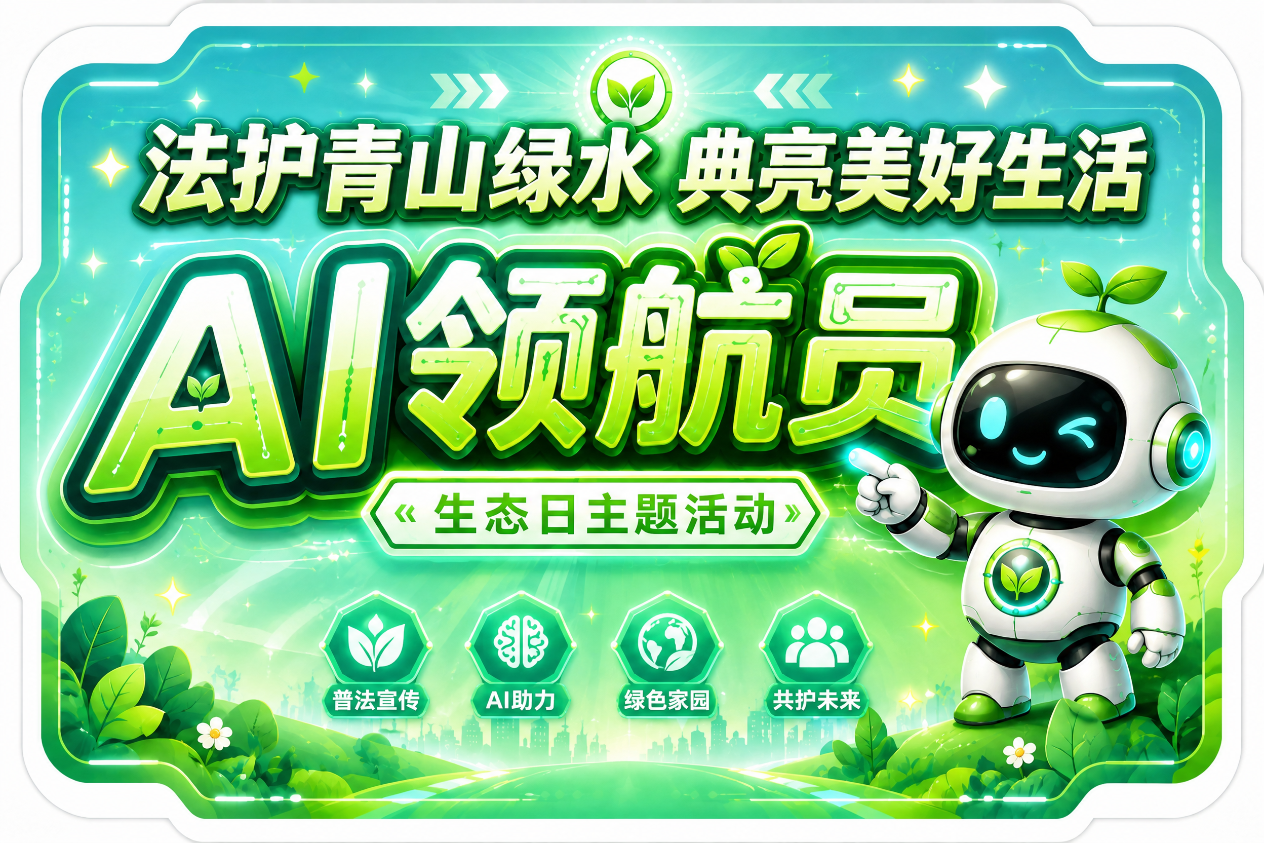 在这张AI领航员贴纸的顶部添加活动名称主标题"法护青山绿水 典… - 图片创意预览