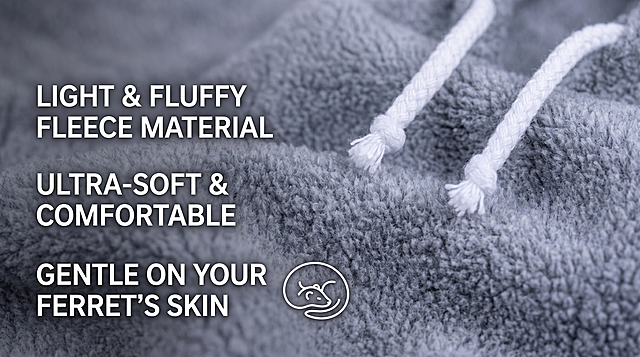 Third Amazon A+ product image, close-up shot showing the fabric texture of this gray ferret hoodie, highlight the light and fluffy fleece material which is soft and comfortable, English product feature text, ultra clear, realistic, 16:9 ratio