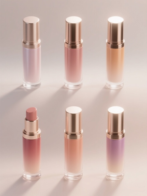 超写实3D渲染美妆造型产品展示图，6个不同配色、不同样式、不同材质的美妆管装产品，上下两行三列整齐对齐排列，每个产品拥有光滑细腻的渐变色彩过渡，金属质感瓶盖与透明底座细节精致，柔和均匀的顶部光源照亮瓶身，营造出优雅高级的氛围，浅色纯净背景突出产品主体，高光与阴影处理细腻，整体呈现出现代简约的设计感与高品质视觉效果。预览效果