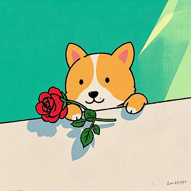 小狗，叼玫瑰，浅绿色背景，边缘探出头