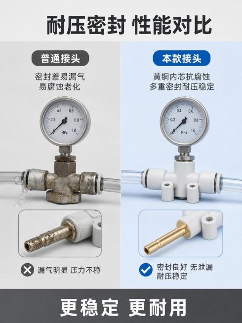 [第6屏] 性能测试-KQ2U接头耐压密封对比展示。本屏使用【图1】产品。
[氛围/风格] 对比测试风格，专业客观，浅灰色调。
[元素布局] 左右对比排版，左侧普通接头，右侧本款KQ2U接头，分别展示预览效果