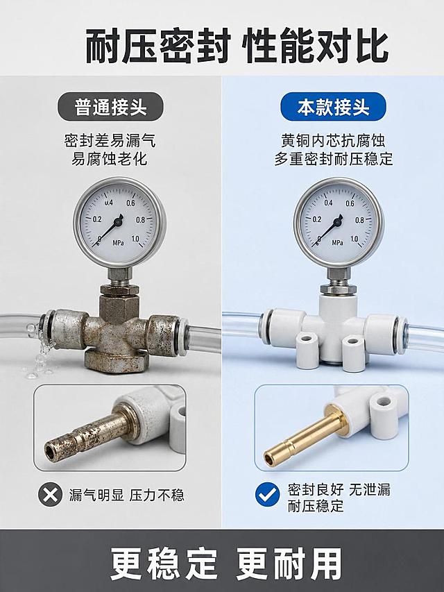 [第6屏] 性能测试-KQ2U接头耐压密封对比展示。本屏使用【图1】产品。
[氛围/风格] 对比测试风格，专业客观，浅灰色调。
[元素布局] 左右对比排版，左侧普通接头，右侧本款KQ2U接头，分别展示压力测试场景，保持本款产品外观与输入图一致。背景浅灰色，对比清晰。
[光影质感] 均匀布光，对比区域轻微区分亮度，信息清晰可读。
[配色色系] 全局底色 #F0F0F0，本款产品区域浅蓝底标注，普通款浅灰底，文字深灰对比清晰。
[视角构图] 左右均分对比，信息对比直观，阅读动线从上到下。
[文字版式] 顶部主标题「耐压密封 性能对比」，左侧标题「普通接头」，内容：密封差易漏气 易腐蚀老化；右侧标题「本款接头」，内容：黄铜内芯抗腐蚀 多重密封耐压稳定，底部总结栏写「更稳定 更耐用」突出优势，文字清晰，左右对齐。
[比例分辨率] 3:4，4K分辨率，文字清晰可辨。
[负向提示词] 产品变形，文字错乱，对比模糊，背景杂乱。