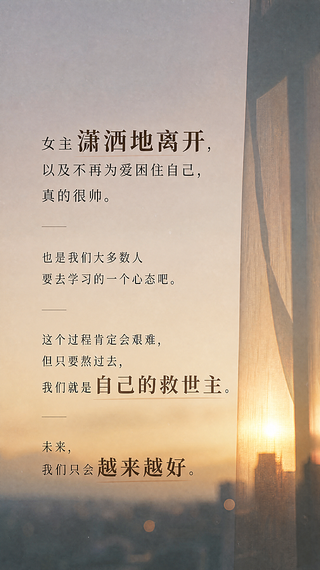 文字型抖音图文第五张，延续简约治愈电影感风格，文字内容：女主潇洒的离开以及不再为爱困住自己真的很帅，也是我们大多数人要去学习的一个心态吧，这个过程肯定会艰难，但只要熬过去我们就是自己的救世主，未来我们只会越来越好。文字排版清晰，适合竖屏抖音观看