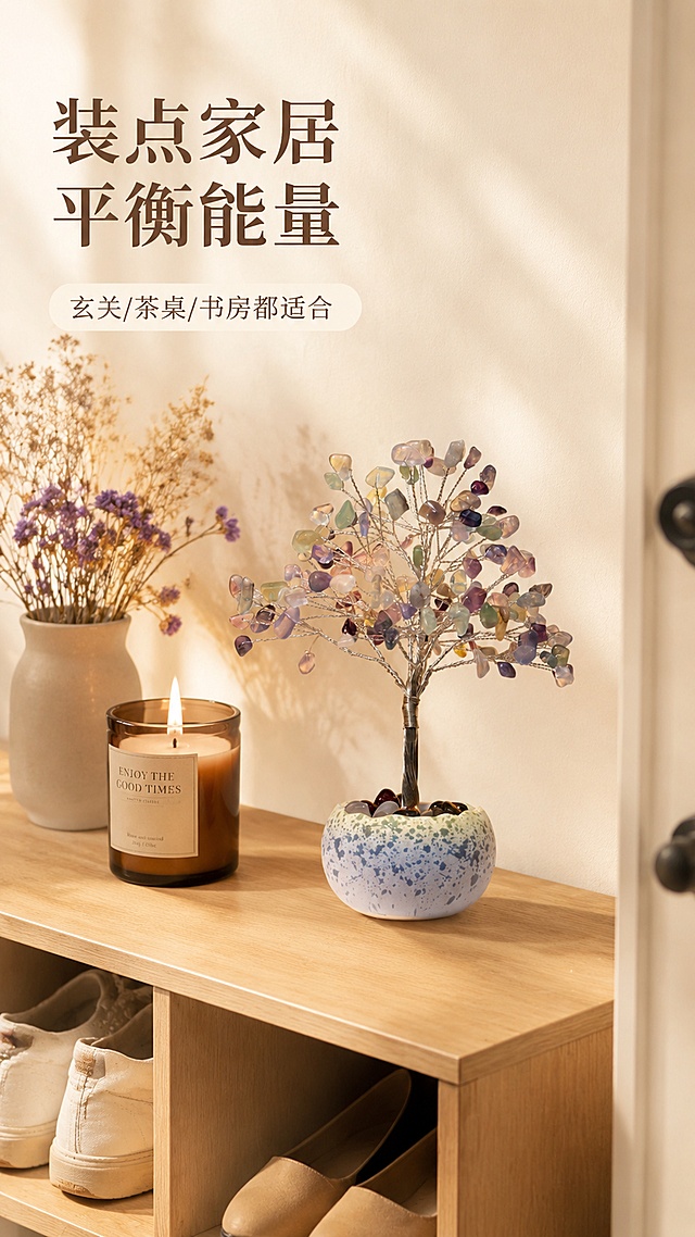 [第2屏] 详情页场景种草屏，展示彩虹萤石疗愈树家居陈列。本屏使用【图1】作为商品主体。
[氛围/风格] 温馨治愈的家居场景，自然光影，真实生活感，治愈能量系风格
[元素布局] 将疗愈树摆放在入户玄关浅原木鞋柜上，旁边搭配一小株香薰蜡烛和干花装饰，背景为米白色墙面，产品占画面约60%，保持商品结构、颜色、材质与原图一致，场景层次丰富，前景鞋柜台面，中景产品，背景墙面
[光影质感] 自然入户柔和日光，光线偏暖，营造温馨氛围，产品边缘轮廓清晰，整体明暗过渡自然
[配色色系] 全局底色 #F5F0E6，主色原木浅棕色，米白色墙面，点缀浅紫色干花，暖黄色烛光
[视角构图] 45度斜侧视角，景深适中，清晰突出产品，动线从上到下
[文字版式] 左上方大标题「装点家居 平衡能量」，副标题「玄关/茶桌/书房都适合」，圆角浅底色信息条，文字不遮挡产品主体，保持清晰可读
[比例分辨率] 9:16竖版比例，4K分辨率，文字清晰，高清画质
[负向提示词] 商品变形，文字错乱，背景杂乱，颜色偏差，缺件错件