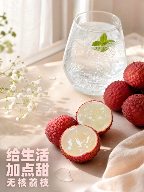 [主图] 给生活加点甜无核荔枝卖点。[氛围风格] 治愈甜蜜，生活调味。[画质] 氛围感生活摄影，高清柔和。[元素] 桌面放着一杯气泡水搭配几颗无核荔枝，一颗切开，保持荔枝颜色纹理和参考图一致，不修改产预览效果