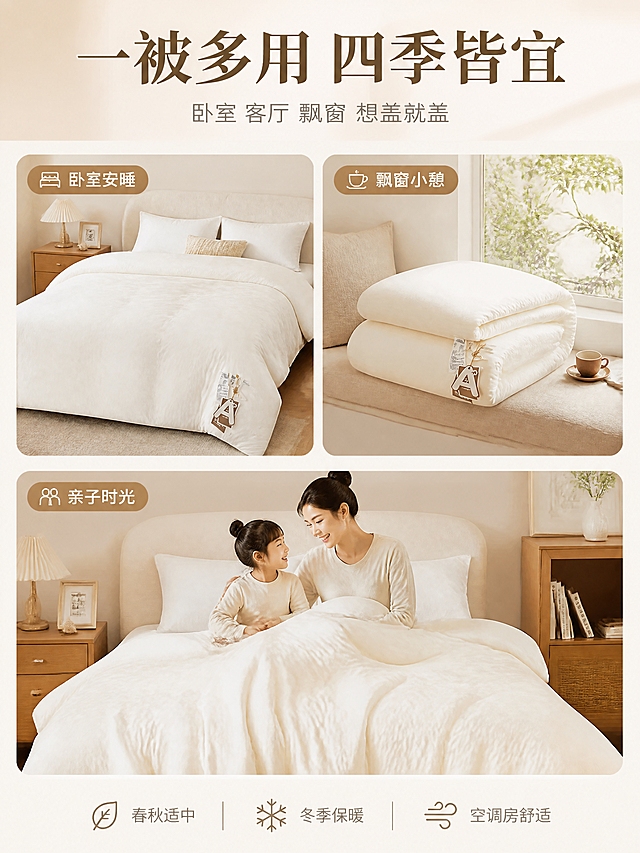 [商品] 使用【图1】A类大豆纤维被芯；保留米白色水洗棉面料、A类吊牌、整体柔软质感；分别呈现铺床状态、折叠搭在飘窗状态、被角轻搭状态三种形态，均保持产品颜色材质一致。
[画面] 详情页第2张 场景种草 目标展示多场景适用 激发购买欲；三格拼图布局 左上图为卧室整床铺设 右上图为飘窗休闲场景 被芯搭在飘窗垫上配一杯咖啡 下图为亲子互动场景 妈妈和孩子坐在床上被芯半盖在腿上 三格场景统一暖调色系 每格内有小型场景名称标签 整体温馨有生活感 体现四季可用 多场景适配
[视觉] 套系策略：风格=温馨居家高级商业摄影；标题字=优雅衬线粗体；正文字=简洁无衬线体；主色=米白奶咖；背景延展=基于米白奶咖做深浅层级 同色渐变 原木与织物质感；强调色=暖棕 仅用于小面积图标 引线 标签；标题色=深咖棕；正文色=中暖灰；组件=圆角浅底信息卡 细线引线 轻量胶囊标签；光影=左前侧午后暖柔光 自然窗影 柔和接触阴影。
[文字] 顶部通栏主标题"一被多用 四季皆宜" 副标题"卧室 客厅 飘窗 想盖就盖" 三格图内分别标注"卧室安睡" "飘窗小憩" "亲子时光" 底部小字补充"春秋适中 冬季保暖 空调房舒适"
[规格] 图片比例3:4竖版 4K 避免变形 错字 文字过小 冷蓝背景 产品颜色改变 人物面部扭曲 水印 平台Logo