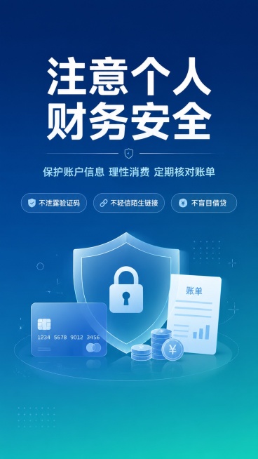 生成一张现代平面信息图设计稿，深蓝到青绿色渐变背景，中心是一枚半透明盾牌图标与银行卡、账单、硬币、锁形符号组成的简洁插画，第一视觉为大标题文字 “注意个人财务安全”，副标题文字 “保护账户信息 理性消预览效果