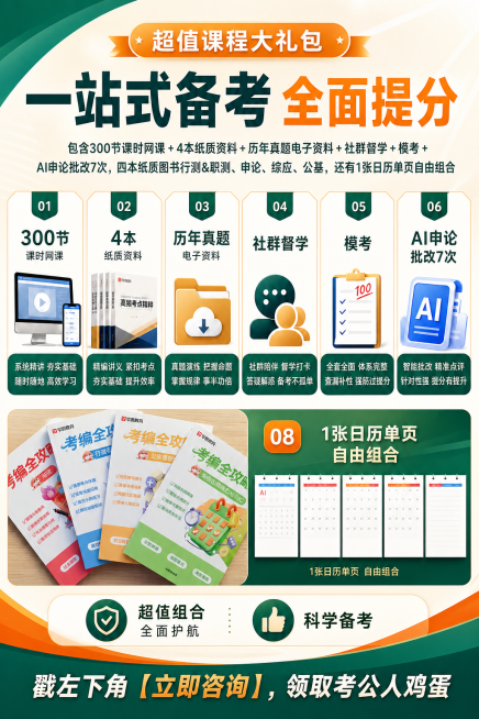 参考这张考编课程大礼包宣传海报重新设计，保留所有产品图和全部文字内容不变，更换全新版式设计和配色，生成第二张不同的设计版本预览效果
