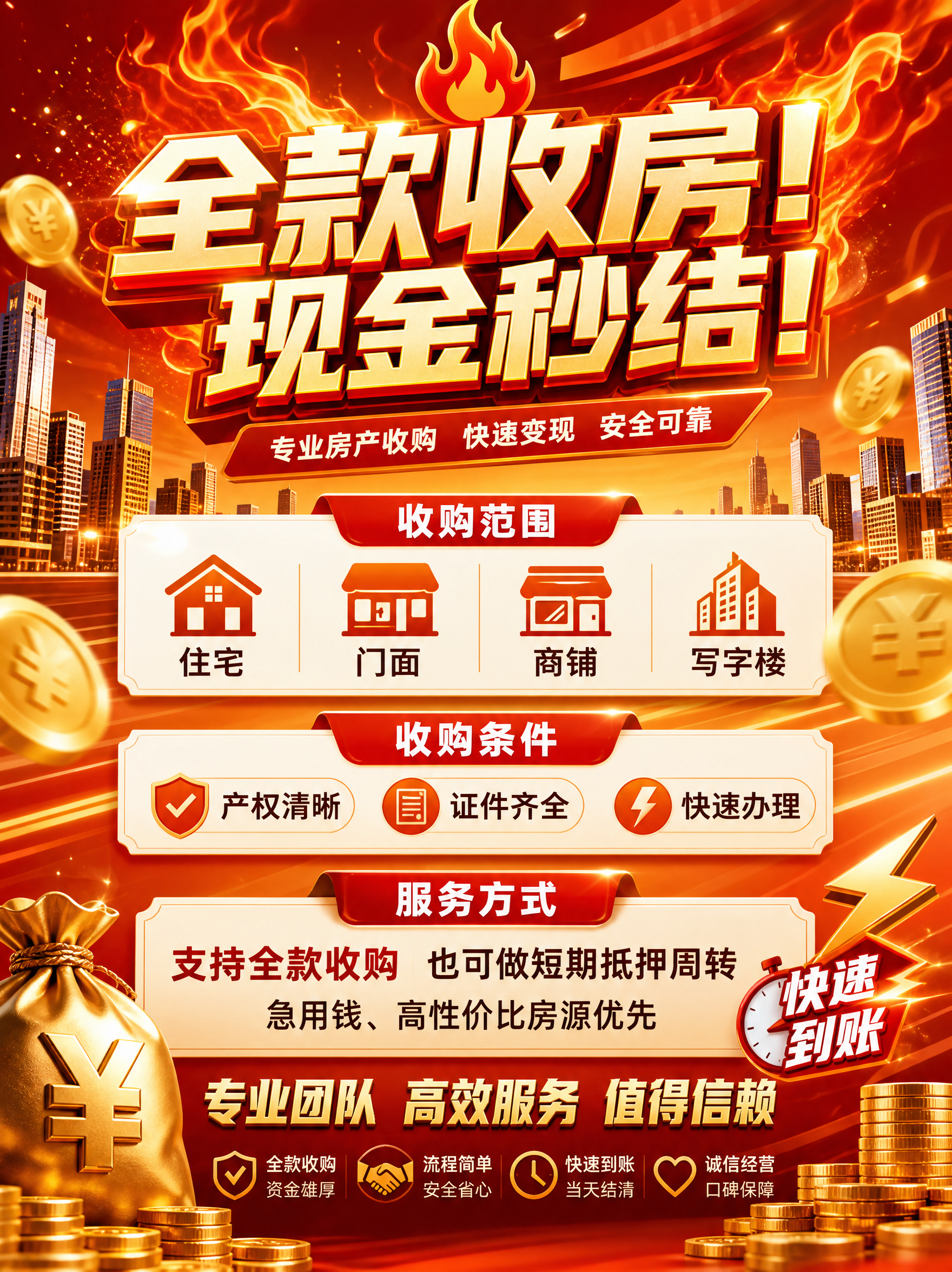 房产全款收购宣传海报，热烈醒目的商务风格，橙红色与金色为主色调… - 图片创意预览