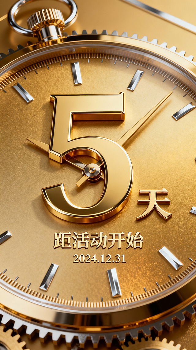 酷炫金色系倒计时海报，有金属质感。融入表盘元素
