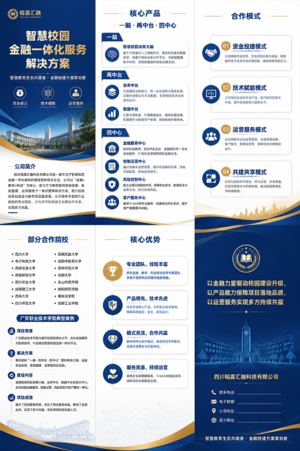 参考提供的版式，设计一张蓝金色商务高级风格的智慧校园金融一体化服务解决方案三折页宣传册，折页展开整体尺寸为宽度285（95*3）、高度420（210*2），保留所有原文内容，排版对应参考图排列方式：正预览效果