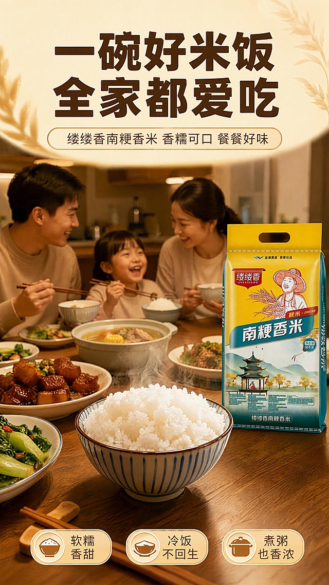 [第5张] 家常食用场景-餐桌米饭家人用餐氛围。本张使用【图1】包装袋置于餐桌一角。
[氛围/风格] 温馨家常烟火气，暖色调家庭餐桌场景，真实生活感，温暖治愈。
[元素布局] 画面主体是一张木质餐桌，桌上摆着一碗刚蒸好的白米饭，米饭冒着热气，颗粒分明有光泽；旁边有几碟家常小菜（青菜、红烧肉、汤）；餐桌一角放着缕缕香米包装袋，自然露出品牌；背景是模糊的厨房和餐厅环境，暖黄色灯光；整体是一家人吃饭的温馨氛围。
[光影质感] 暖黄色顶光+侧光，米饭有晶莹高光，热气朦胧感，餐桌木纹清晰，整体暖融融的家的感觉。
[配色色系] 全局底色 #FFF3E0 暖橙米色调；主色暖木色+白米饭；辅助色菜品的绿、红、棕，包装袋黄绿点缀。
[视角构图] 45°平视餐桌视角，米饭碗为视觉焦点，包装袋在侧后方，背景虚化，阅读动线从上方标题→中部米饭场景→下方卖点。
[文字版式] 顶部主标题「一碗好米饭 全家都爱吃」粗黑体，深棕色字配暖黄底；副标题「缕缕香南粳香米 香糯可口 餐餐好味」；底部三个圆角标签「软糯香甜」「冷饭不回生」「煮粥也香浓」；文字不遮挡米饭和菜品主体。
[比例分辨率] 9:16竖版比例，4K分辨率，文字清晰可辨，高清画质。
[负向提示词] 包装袋变形，包装文字错乱，米饭不真实，水印，文字过小，人物怪异，颜色偏差，场景杂乱。