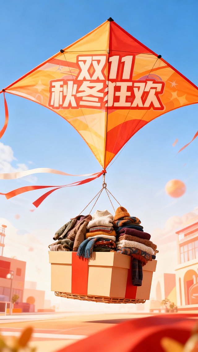 软3D风格风筝载礼盒飞升，拟人化秋装堆叠，暖色系营造喜庆梦幻感，双11秋冬狂欢促销氛围浓厚。