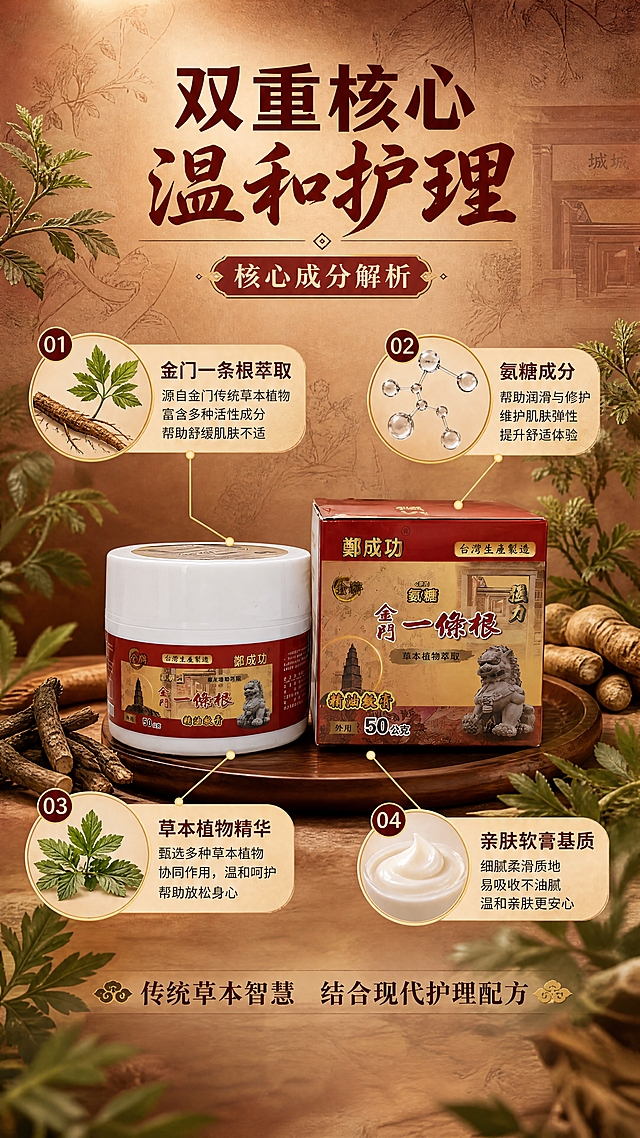 [商品] 使用【图1】郑成功金牌金门一条根氨糖精油软膏；保留罐体与包装盒所有外观细节、颜色、文字和图案；产品核心成分为草本植物萃取+氨糖，为外用护理软膏。
[画面] 页面目标：成分解析，说明核心成分与护理原理；构图：中心产品环绕式，产品居中，四周分布成分图标和说明；主体占比45%；景别：中景；阅读动线：从中心向四周扩散；前景：成分图标+引线文字，中景：罐装软膏主体，后景：暖棕红渐变+草本纹理背景；场景：成分科普氛围，周围点缀艾草、一条根植物、氨糖分子结构示意等元素。
[视觉] 套系策略：风格=中式草本养生商业摄影风；标题字=粗黑体+书法点缀；正文字=简洁黑体；主色=暖棕红；背景延展=基于暖棕红做深浅层级、同色渐变和宣纸/古纸纹理质感；强调色=金色，仅用于小面积图标、引线、标签和装饰线条；标题色=深棕红；正文色=深褐色；组件=细线引线、圆形成分图标、编号标签；光影=顶部暖柔光，产品清晰突出。
[文字] 顶部主标题：双重核心 温和护理；引线标注4个成分点：金门一条根萃取 | 氨糖成分 | 草本植物精华 | 亲肤软膏基质；底部补充说明：传统草本智慧 结合现代护理配方；所有文字横向排版，引线从产品向四周引出，不遮挡主体。
[规格] 图片比例9:16竖版，4K分辨率，负向提示：避免变形、错字、文字过小、冷蓝/蓝灰背景、医疗功效承诺、产品颜色改变、包装文字错乱。