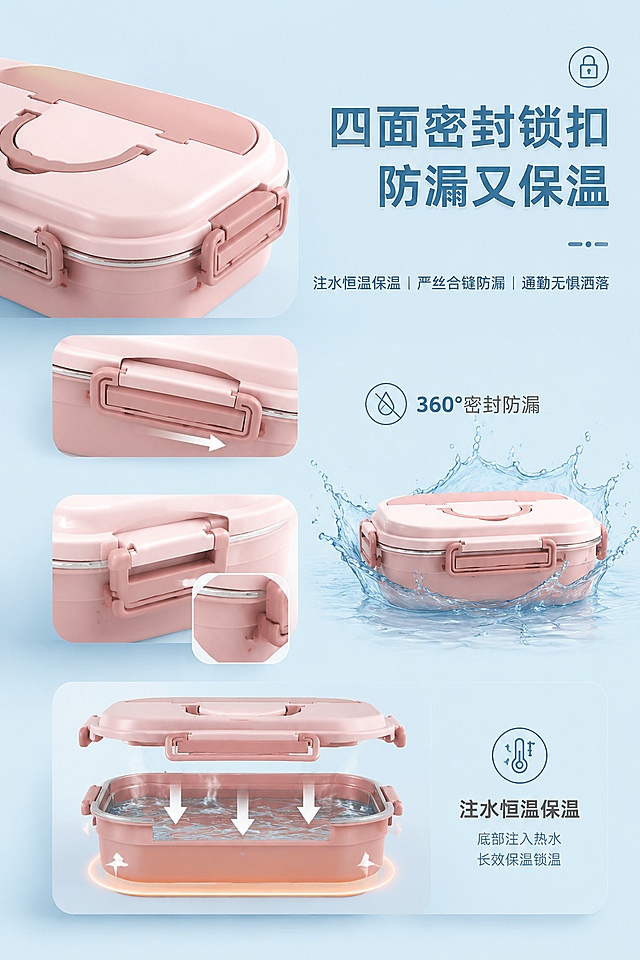 整体通用规范（全10屏统一执行）
1. 画面比例：严格2:3竖版天猫详情页尺寸，高清8K、质感高级、风格统一无割裂感
2. 产品还原：严格还原上传的产品图，包括包装设计、颜色、LOGO位置、文字内容、图案元素等所有细节，去掉无关的背景杂物或者手，产品实物尺寸长26cm×宽19cm×高7.5cm，产品尺寸比例保持1:1
3. 视觉风格：甜美可爱-马卡龙清新风，低饱和柔和撞色、哑光磨砂质感、简约几何构图，天猫轻奢高级格调
4. 文字效果：简约高级-无衬线极简文字+薄阴影文字，排版干净整洁、层级分明，适配高端电商视觉
5. 主辅色调：主色调（浅天蓝色#B8E1EF、豆沙粉#F8C8D0），辅助色（深海蓝#366896、豆沙深粉#B97A88、纯钛金属银#CFCFCF）
第1屏：首屏海报·品牌格调主视觉
正向提示词：2:3竖版天猫高端详情页，8K超高清，马卡龙清新风高级质感，极简留白构图，画面干净通透无杂物。主体展示完整纯钛分格便当盒，居中立体摆放，多角度光影打光凸显哑光外壳与纯钛内胆金属肌理。主标题居中对称排版，无衬线极简字体搭配薄阴影文字，主标题【食品级纯钛内胆 健康轻奢便当盒】，副标题【五格分格·防漏保温·自带餐具】。背景采用低饱和浅马卡龙渐变底色，点缀极简几何线条装饰，整体风格简约高级、清新治愈，适配天猫高端家居厨具格调，产品细节完整还原，色彩精准匹配定制色值。
负面提示词：画面模糊、画质低清、色彩刺眼、饱和度偏高、画面杂乱、多余杂物、人手入镜、水印文字、字体粗糙、立体失真、光影杂乱、风格割裂、网红廉价感、对比度失调、产品比例变形。
第2屏：核心卖点·材质优势解析
正向提示词：2:3竖版天猫高端详情页，8K高清，马卡龙清新风，极简分栏模块化排版。左侧特写展示便当盒可拆卸纯钛内胆，清晰呈现纯钛金属细腻肌理、耐腐蚀哑光质感，右侧搭配文字信息区。主标题左对齐排版，无衬线极简文字带薄阴影，主标题【甄选食品级纯钛 安全更健康】，副标题【轻量化抑菌｜耐腐蚀耐高温｜无重金属析出】。搭配中英文双语卖点标注，画面留白充足，色调柔和统一，极简几何点缀元素，重点可视化纯钛材质优势，产品尺寸比例精准，细节完整还原，高端厨具视觉格调。
负面提示词：画质模糊、材质质感失真、纯钛颜色偏差、文字排版混乱、画面拥挤、多余装饰、色彩杂乱、水印、人手出镜、光影暗沉、材质展示模糊、比例失调、风格廉价。
第3屏：功能卖点·五格分格设计
正向提示词：2:3竖版天猫高端详情页，8K超高清，马卡龙清新风，疏密对比排版。产品开盖平铺展示，清晰呈现五格独立分格结构，直观展现饭菜分离、分区收纳优势。主标题居中排版，无衬线极简薄阴影文字，主标题【五格独立分格 不串味更保鲜】，副标题【科学分区｜干湿分离｜荤素分开｜便携分餐】。背景为浅色系哑光质感底色，搭配简约线条示意图辅助解读分格功能，画面层次清晰，视觉统一高级，精准还原产品外观、色彩及结构细节，适配上班族、学生分餐场景调性。
负面提示词：分格结构展示模糊、产品变形、串味示意图混乱、文字堆叠、色彩突兀、画面脏乱、多余杂物、水印、低画质、光影不均、风格割裂、排版拥挤。
第4屏：核心功能·密封防漏保温
正向提示词：2:3竖版天猫高端详情页，8K高清，马卡龙清新风，大小层级排版。特写展示便当盒四面锁扣密封结构，动态视觉呈现密封防漏效果，侧面展示注水保温结构细节。主标题右对齐强调排版，无衬线极简文字+薄阴影特效，主标题【四面密封锁扣 防漏又保温】，副标题【注水恒温保温｜严丝合缝防漏｜通勤无惧洒落】。画面极简留白，低饱和柔和配色，突出产品密封、保温核心功能，产品细节、配色、结构1:1精准还原，整体高级简约、场景质感拉满。
负面提示词：锁扣细节模糊、防漏效果失真、保温结构展示不清、文字排版歪斜、色彩偏差、画面杂乱、水印、人手入镜、光影刺眼、产品比例错误、质感廉价。
第5屏：细节亮点·自带收纳餐具
正向提示词：2:3竖版天猫高端详情页，8K超高清，马卡龙清新风，阶梯错落排版。特写展示盒盖内置独立餐具收纳隔，清晰展示配套纯钛勺子、筷子收纳效果，开合结构细节完整呈现。主标题左对齐极简排版，无衬线薄阴影文字，主标题【一体式收纳仓 自带钛勺钛筷】，副标题【免额外携带｜收纳整洁｜便携出行｜配套原装餐具】。画面干净通透，哑光质感底色，极简元素点缀，突出便携收纳核心优势，产品尺寸、配色、结构精准还原，高端精致视觉体验。
负面提示词：餐具细节模糊、收纳仓结构失真、餐具缺失、画面拥挤、文字杂乱、色彩突兀、水印、杂物入镜、画质模糊、光影暗沉、风格不统一。
第6屏：产品外观·颜值工艺展示
正向提示词：2:3竖版天猫高端详情页，8K高清，马卡龙清新风，居中对称排版。多视角组合展示便当盒整体外观，正面、侧面、俯视多角度呈现马卡龙双色哑光外壳，弧形手提扣、双层撞色上盖工艺细节。主标题居中排版，无衬线极简文字带薄阴影，主标题【马卡龙轻奢外观 哑光细腻质感】，副标题【柔和撞色｜磨砂防滑｜一体成型工艺｜便携手提设计】。整体画面温柔治愈、高级简约，色彩精准匹配定制色值，产品工艺细节完整还原，无多余元素，视觉统一协调。
负面提示词：外观颜色偏差、哑光质感缺失、外壳工艺模糊、多角度展示混乱、文字排版失衡、画面花哨、水印、低画质、光影杂乱、产品变形、廉价塑料质感。
第7屏：产品参数·规格细节详解
正向提示词：2:3竖版天猫高端详情页，8K超高清，马卡龙清新风，分栏模块化规整排版。左侧产品高清实拍展示，右侧标准化参数表格排版，清晰标注产品尺寸：长26cm×宽19cm×高7.5cm、五格内胆、纯钛材质、保温功能、配套餐具等核心参数。主标题居中排版，无衬线极简细体留白文字，主标题【产品详细参数 匠心精工尺寸】，文字层级清晰、排版工整、信息全面不拥挤。整体色调柔和统一，极简高级风，适配天猫高端产品参数展示调性，产品1:1比例还原。
负面提示词：参数文字模糊、排版杂乱、表格错乱、尺寸数据错误、产品比例失真、画面花哨、色彩杂乱、水印、多余装饰、画质模糊、信息堆叠拥挤。
第8屏：场景适配·通勤校园使用场景
正向提示词：2:3竖版天猫高端详情页，8K高清，马卡龙清新风，环绕式排版。高清实景场景图，分别展示办公室办公桌、校园课桌两大使用场景，便当盒自然摆放，融入日常通勤带饭场景，氛围清新治愈。主标题左对齐排版，无衬线极简薄阴影文字，主标题【多场景适配 通勤上学皆可用】，副标题【上班族减脂分餐｜学生日常带饭｜家用便携收纳】。画面光影柔和、场景真实高级，无杂物干扰，产品色彩、细节精准还原，视觉风格统一无割裂。
负面提示词：场景违和、画质模糊、光影虚假、画面杂乱、人手多余入镜、色彩偏差、水印、场景堆砌、风格廉价、产品比例失调、氛围突兀。
「图片1」「图片1」「图片1」「图片1」