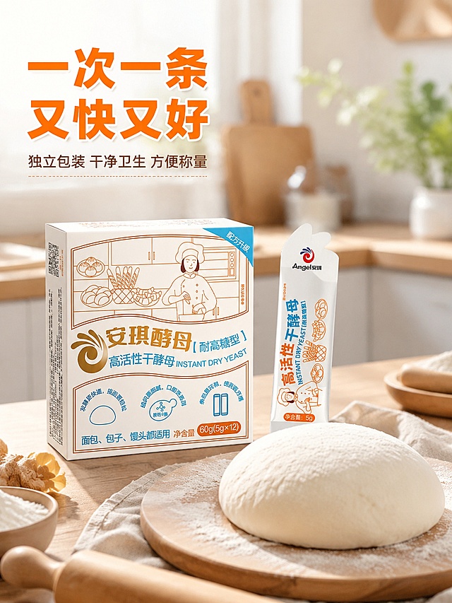 [主图-4]安琪升级款通用型高活性干酵母3:4比例主图。
[氛围风格] 场景化生活感，温馨食欲风
[画质] 商业摄影质感、光线柔和通透、产品清晰真实、画面干净高级
[元素] 安琪酵母包装盒放置在厨房桌面，旁边摆放刚发酵好等待烘焙的面团，背景是干净整洁的厨房环境，模拟家庭烘焙场景；保持产品外观与原图一致，真实自然不夸张；商品主体占比约65%，前景产品清晰，背景厨房虚化突出主体。
[光影] 厨房窗边自然光，温暖柔和，营造出家庭烘焙温馨氛围。
[配色] 浅灰色调厨房搭配产品暖橙色，温馨自然，干净协调。
[视角构图] 平视生活化视角，景深适中，主体突出，场景真实。
[文字版式] 画面左上角排版核心文案：“一次一条 又快又好”，大号加粗橙色字体，下方小字补充“独立包装 干净卫生 方便称量”，清晰易读不遮挡主体。
[输出要求] 3:4比例，文字清晰可辨，超高清商业摄影质感
[负向提示词] 变形，文字错乱，产品图模糊，背景杂乱，水印，电商平台Logo