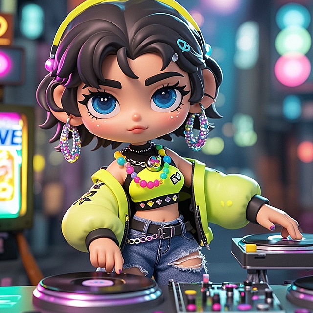 软3D风卡通少女DJ，潮流服饰搭配霓虹灯背景，展现派对的活力与时尚。