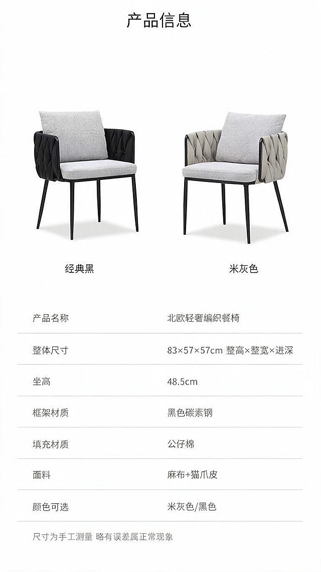 [第8张] 详情页产品信息-规格参数+双色SKU总览页。本张使用【图1】两款餐椅作为SKU展示。
[氛围/风格] 简约专业参数页风，清晰规整的信息呈现，白底+浅灰分区，商业视觉质感。
[元素布局] 画面上下分区：上半区为双色SKU展示，左侧黑色款餐椅45°视角、右侧米灰色款餐椅45°视角，并排摆放，占比约50%；下半区为规格参数表，规整排列参数字段；背景为纯白色，参数区有浅灰色块区分；两款椅子结构、颜色、比例与输入图完全一致。
[光影质感] 均匀柔光照明，产品清晰干净，底部轻微投影，整体明亮专业。
[配色色系] 全局底色 #FFFFFF（纯白色）；主色米灰+黑色；辅助色深灰文字、浅灰参数分隔线、黑色标题。
[视角构图] 上下分区构图，上产品下参数，阅读动线从上到下。
[文字版式] 顶部主标题「产品信息」，黑色黑体居中；两款椅子下方各配色号标签：「经典黑」「米灰色」；下半区参数表含以下字段：产品名称（北欧轻奢编织餐椅）、整体尺寸（83×57×57cm 整高×整宽×进深）、坐高（48.5cm）、框架材质（黑色碳素钢）、填充材质（公仔棉）、面料（麻布+猫爪皮）、颜色可选（米灰色/黑色）；参数表用横线分隔，左列参数名右对齐，右列参数值左对齐；底部小字「尺寸为手工测量 略有误差属正常现象」。
[比例分辨率] 9:16 竖版比例，1K分辨率，文字清晰可辨，高清画质。
[负向提示词] 椅子变形，参数文字错乱，文字过小，颜色偏差，水印，产品图模糊，背景杂乱。