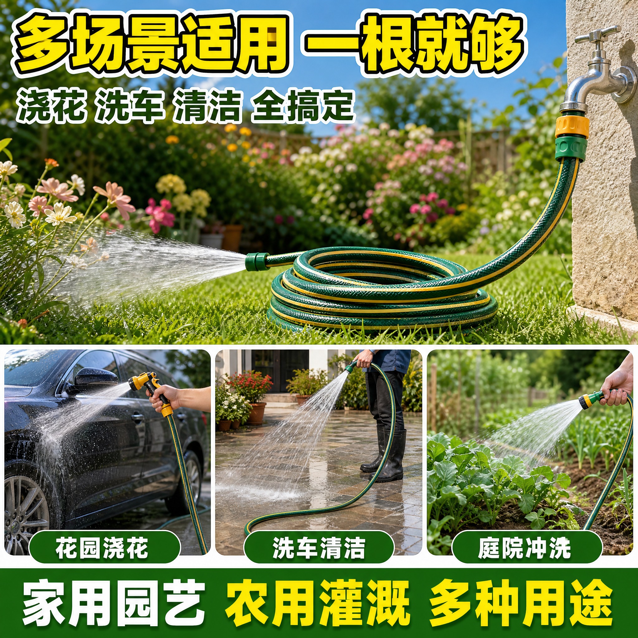 [主图-4] 使用场景图，主题为多场景适用，展示水管在花园浇花… - 图片创意预览