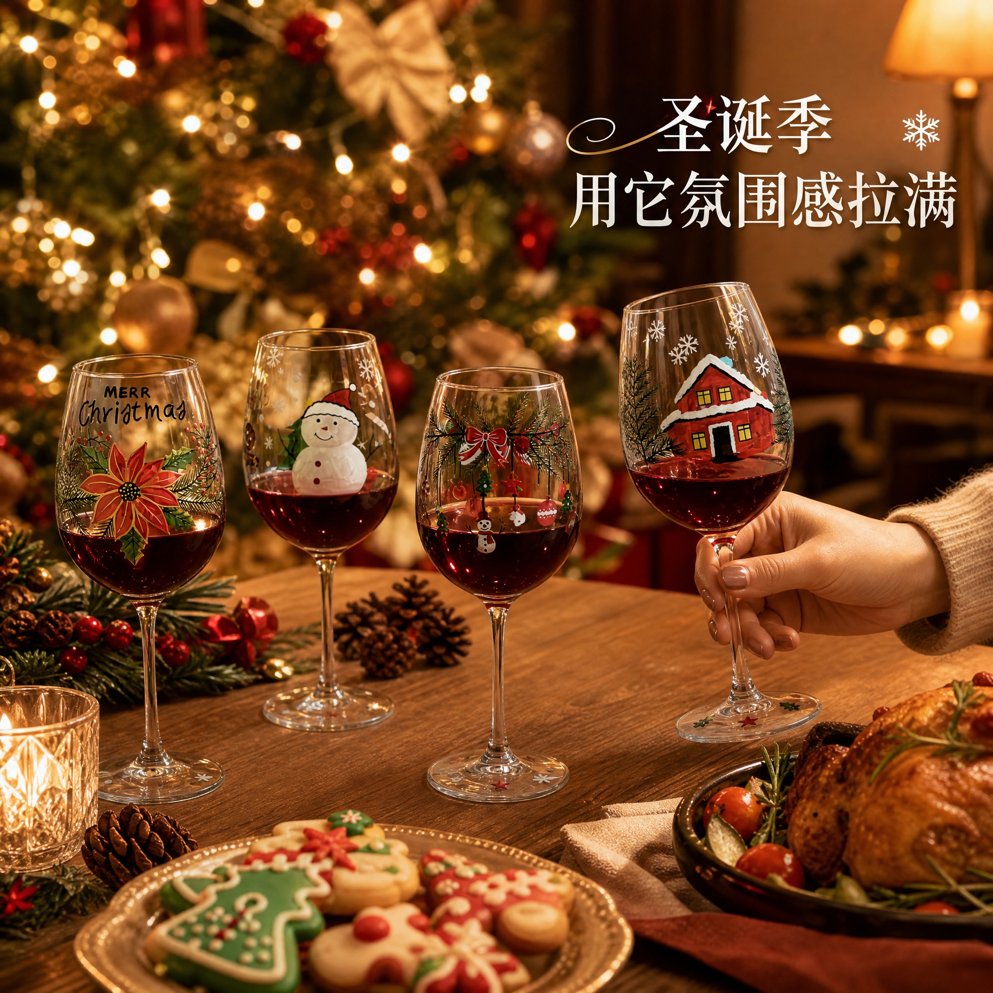 [主图-4] 场景使用图，展示圣诞手绘红酒杯在节日聚餐场景中的… - 图片创意预览