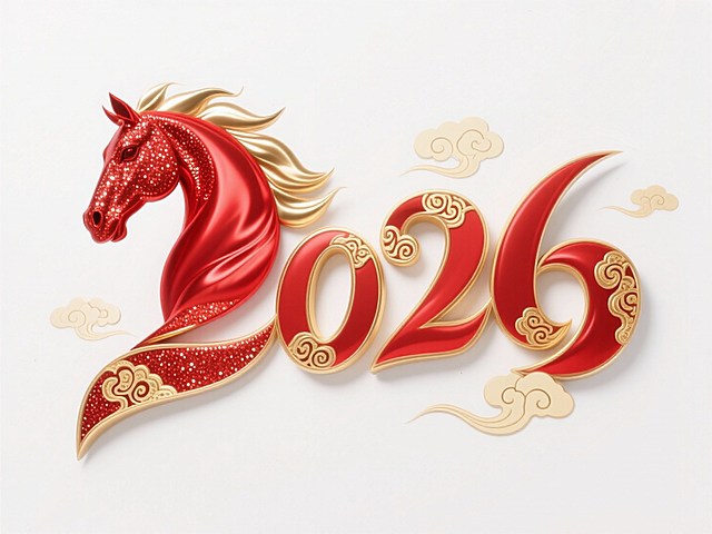 “2026” 立体艺术字，连贯的装饰性字体：首个数字 “2” 融合为红色马首，数字 “0” 内部嵌入 “福” 字，纯白色平面背景中，红色闪粉与金色金属的材质；金色用于马首鬃毛、字边缘带有金色立体描边，数字表面叠加毛笔笔触纹理，周围点缀细线金色祥云装饰