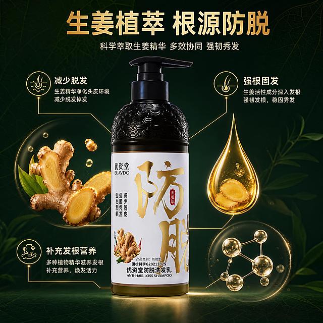 [主图-2] 核心功效成分解析，展示生姜植萃防脱配方的核心成分与作用原理，强化专业背书。
[统一基调] 整体风格为高级植萃洗护风，背景主色为深墨绿渐变搭配暖金色点缀，标题字色为烫金质感，辅助字色为米白色，强调色为生姜暖黄色；字体选用干净利落的非衬线粗体，整套统一；卡片和图标采用简约细线金边样式。
[画面] 画面中央放置优资堂防脱洗发乳正装瓶，产品占画面约50%，正面展示。产品周围悬浮环绕着核心成分元素：新鲜生姜根茎切片、姜黄色精油水滴状液体、植物精华分子结构小球体。用细金色引线从成分元素指向产品瓶身，每条引线末端标注对应功效关键词。背景为深墨绿色渐变，带有淡淡的植物叶脉纹理暗纹，营造天然科研感。画面顶部有主标题大字。
[光影质感] 高级商业摄影质感，产品保持真实光影，悬浮的成分元素有通透光泽感，精油水滴有折射高光，分子结构有半透明科技感，整体光影统一柔和。
[配色] 深墨绿主背景 + 烫金标题 + 米白辅助文字 + 生姜暖黄成分点缀，保持整套视觉统一。
[文字版式] 顶部主标题"生姜植萃 根源防脱"大号烫金粗体；画面中分布3组功效标注："减少脱发""强根固发""补充发根营养"，每组配小图标和米白色说明文字，引线为细金色。文字布局在负空间，不遮挡产品主体。
[输出要求] 1:1正方形，产品清晰不变形，文字清晰可读，无错字，无水印，无平台Logo，画面专业有科技感。