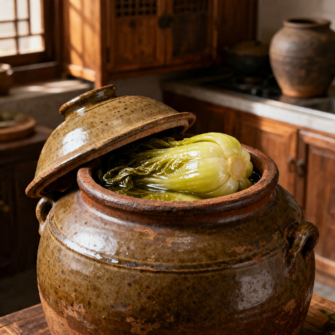 传统陶瓷泡菜坛装着东坡泡菜，古朴陶土质感坛子，表面带着岁月痕迹，打开的坛口露出鲜嫩饱满的腌制泡菜，传统中式厨房背景，暖调光线，静物写实风格预览效果