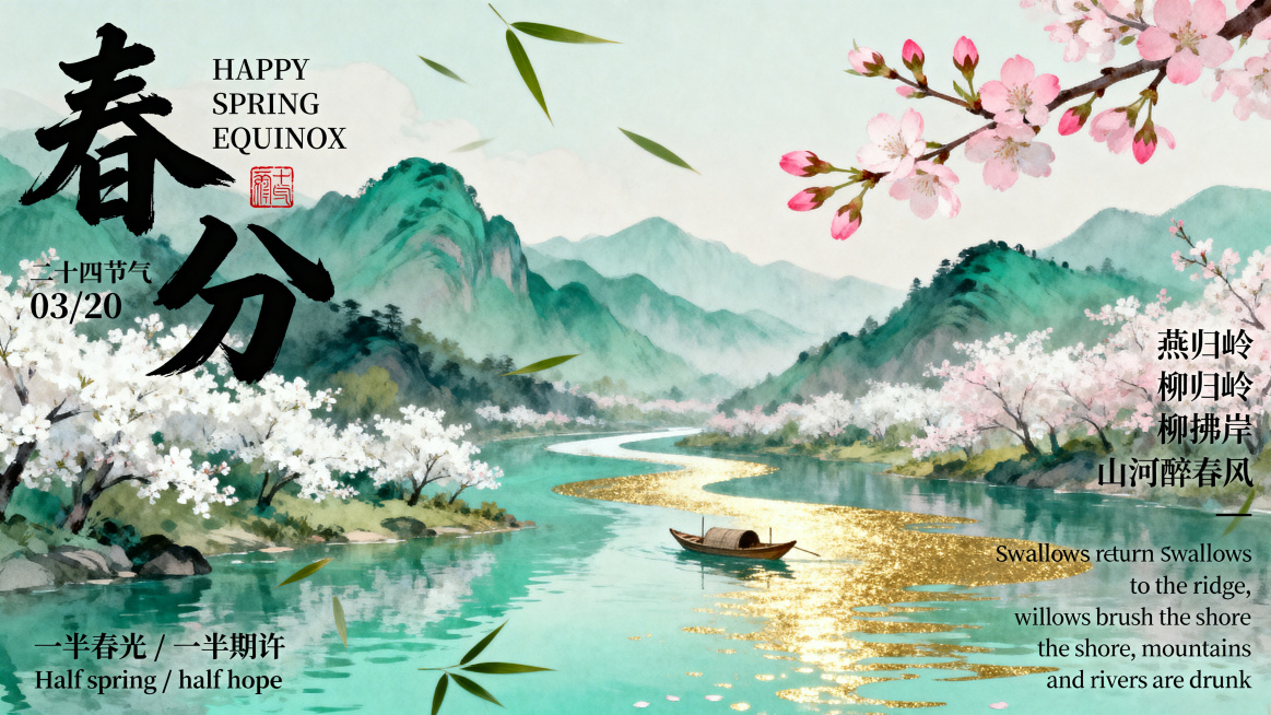 春分节气国风海报，整体是青绿山水加春日繁花的国风插画，澄澈的河水蜿蜒流淌，水面漂浮着一叶扁舟，远处层叠青山，两岸开满粉白的桃花樱花，春意盎然，右上角探出一枝带粉嫩花苞的花枝，画面散落柳叶竹叶等春日元素预览效果