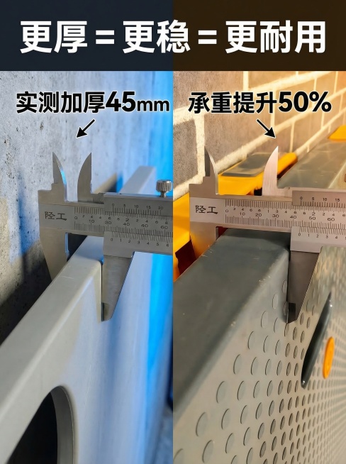 重新生成3:4对比式电商海报，使用刚生成的高清45mm测量图作为右侧内容，左侧放普通薄款20mm车板高清测量图，左右分区，冷暖背景对比，大字标语「更厚 = 更稳 = 更耐用」，标注「实测加厚45mm预览效果
