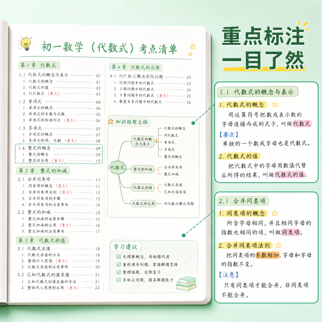 [主图-3] 初一数学代数式考点细节展示图。采用主体大图加局部放大框版式，主体展示完整笔记目录结构，右上侧加局部放大框突出重点考点标注细节，旁边配短句「重点标注 一目了然」；整体风格和前两张保持一致，预览效果