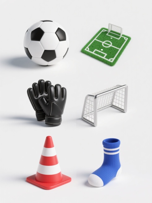 六个不同足球元素的系列素材集合，每个元素均采用超写实3D风格，具有光滑皮革质感、清晰缝线细节和柔和高光，统一的白色纯色背景，元素包括：1. 经典黑白六边形足球，2. 绿色足球场草坪一角带白色边线，3. 黑色守门员手套，4. 银色金属足球门框架，5. 红白相间的足球训练锥，6. 蓝色条纹足球运动袜，所有元素等大规整排列，保持一致的光影效果和视觉统一性，设计感强，信息传达清晰。预览效果