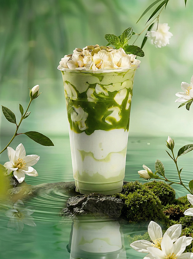 为图1的画面添加和图2同款的背景，保留图1的奶茶主体和底座，使用全能图像2.0模型，3:4