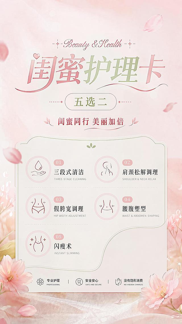 在现有闺蜜护理卡海报基础上修改，去掉右下角的"0元"和"心动价"文字，保持其他内容、排版和风格不变，维持浅粉色清新ins风，去掉后保持整体布局协调自然