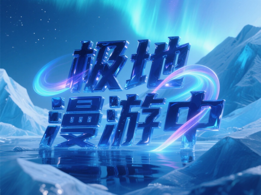 中央呈现深蓝冰面质感的 “极地漫游中” 立体冷峻艺术字，点缀极光元素，靛蓝渐变冰川为背景预览效果