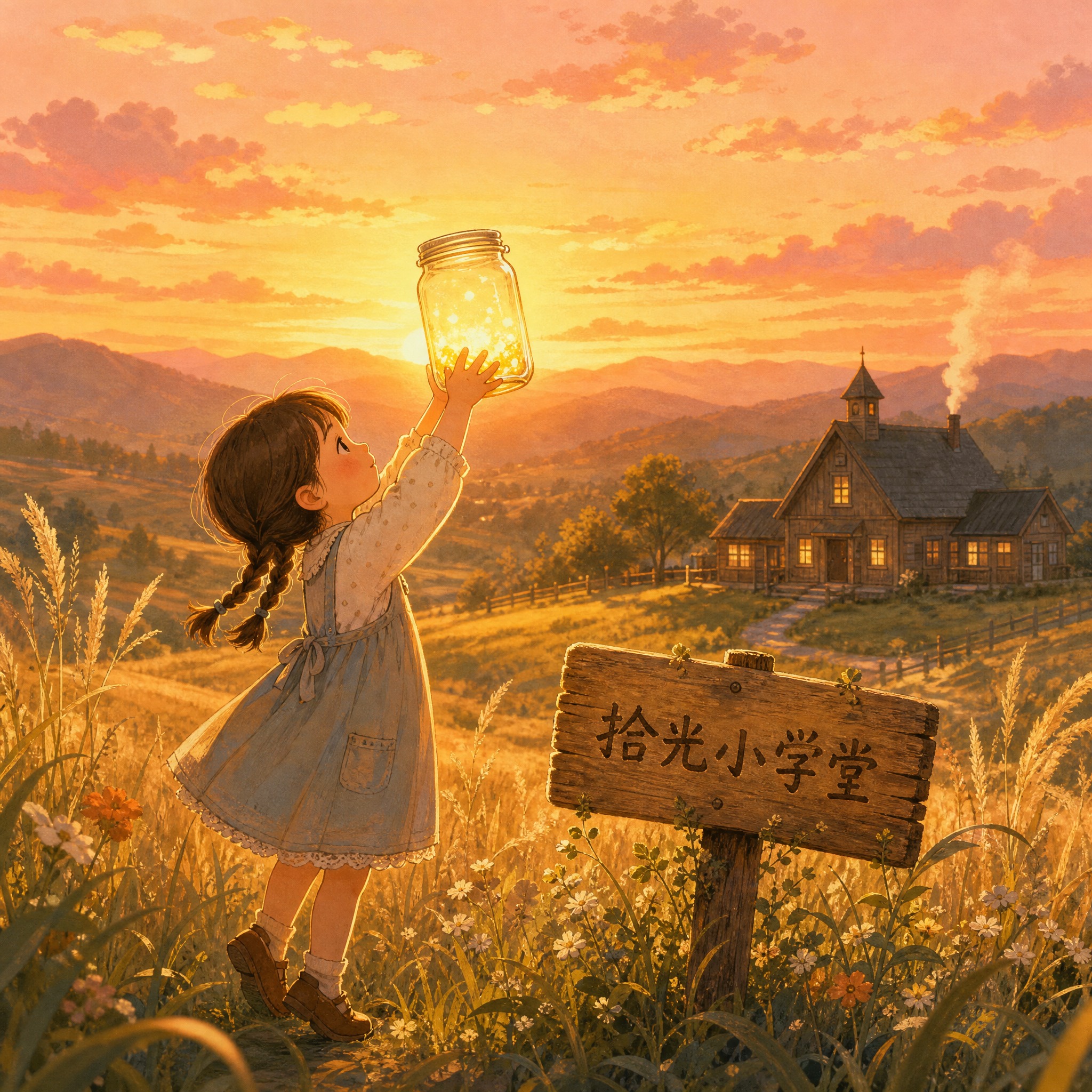 治愈系绘本插画：傍晚金色的田野边，一个小女孩踮起脚尖把阳光装进… - 图片创意预览