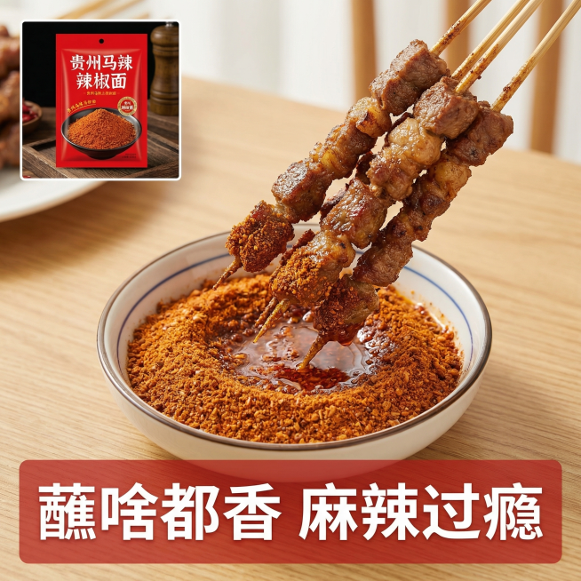 [主图 4] 贵州马辣辣椒面多场景食用展示
[氛围风格] 生活化场景，真实诱人，食欲感强烈
[画面元素] 商业摄影质感、光线柔和通透、产品清晰真实、画面干净高级。画中画布局，主画面展示烤串蘸取辣椒面的预览效果