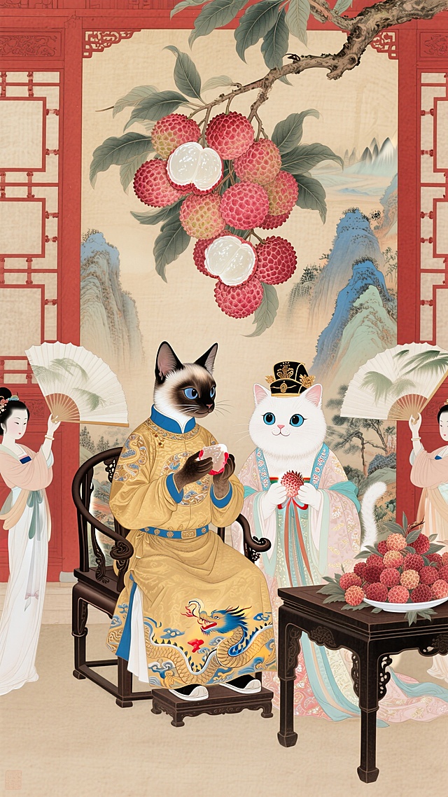 阿比西尼亚猫猫穿着唐朝黄袍（金色官服）坐在龙椅上剥了一颗荔枝正要喂给同坐在身旁的唐朝皇贵妃打扮的另一只胖胖的白色的拥有淡蓝色大眼睛的美女猫猫 吃，两侧有两个举着大芭蕉扇轻轻扇风的猫猫婢女，桌上满满的荔枝